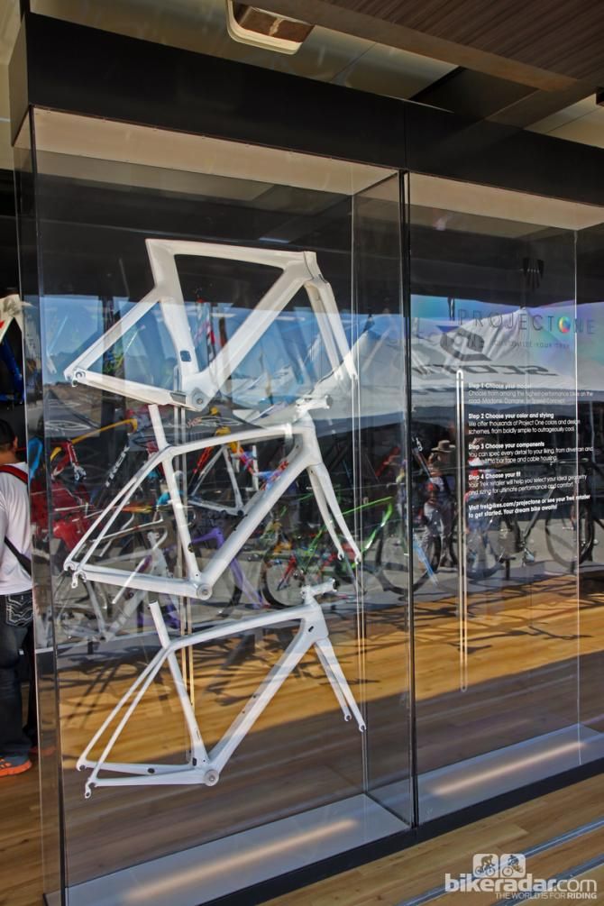 Frames-in-white show the starting point for Trek's Project One process. All three of Trek's flagship road products - the Madone 7-Series, the Domane 6-Series, and the Speed Concept - are available in custom builds and paint.