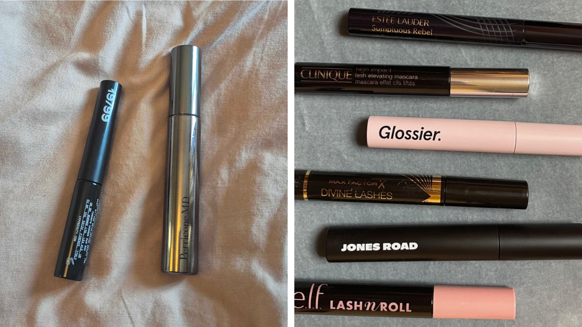 On the left is a picture of the 19/99 Lash Tint and Perricone MD No Makeup Mascara, on a pink bedding background. And on the right is a lineup of Beauty Editor Rhiannon&#039;s favourite natural-looking mascaras, including options by Estee Lauder, Glossier, Max Factor, Clinique, Jones Road and e.l.f., most of which are featured in this guide - all photographed on a marble backdrop