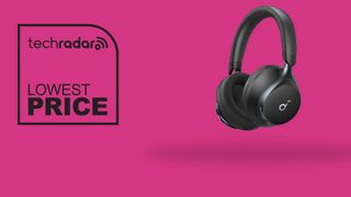 Soundcore Space One on a pink background with lowest price badge