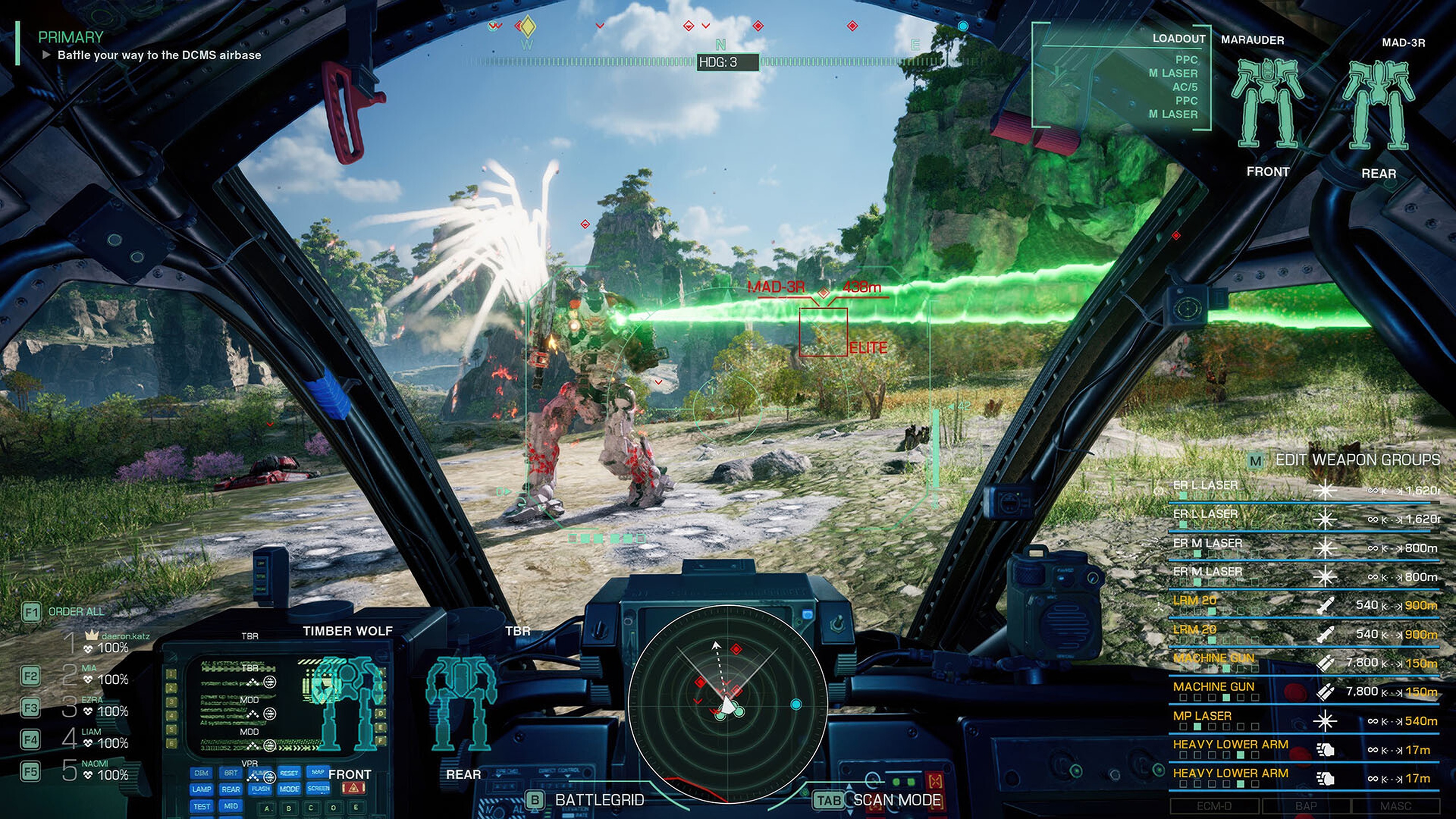 In-game screenshot of a mech battle in MechWarrior 5: Clans