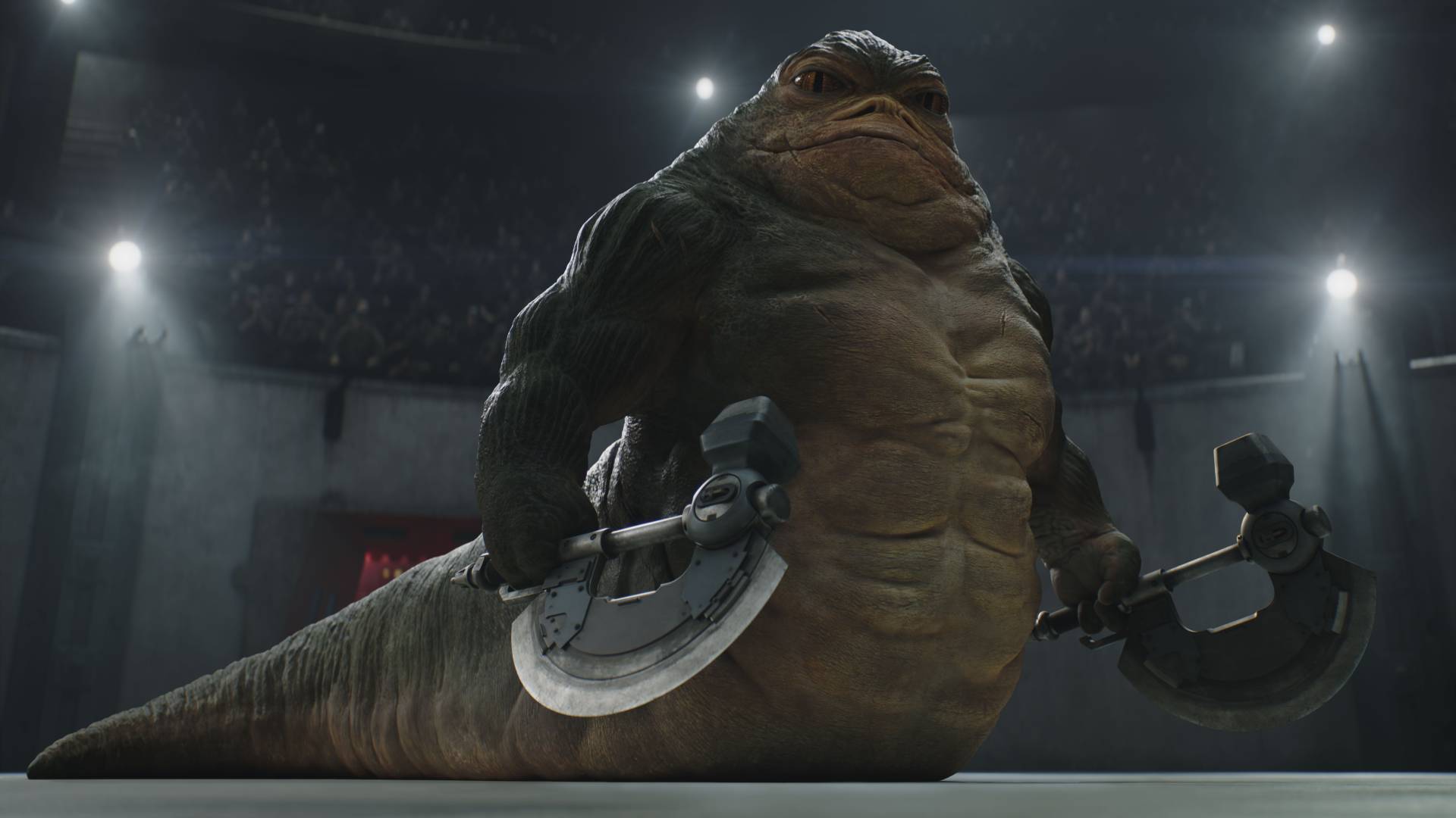 Jeremy Allen White as Rotta the Hutt, holding two axes, in The Mandalorian and Grogu