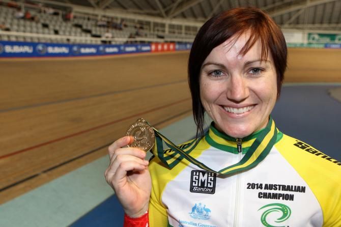 Anna Meares with her gold medal from the women's 500m time trial