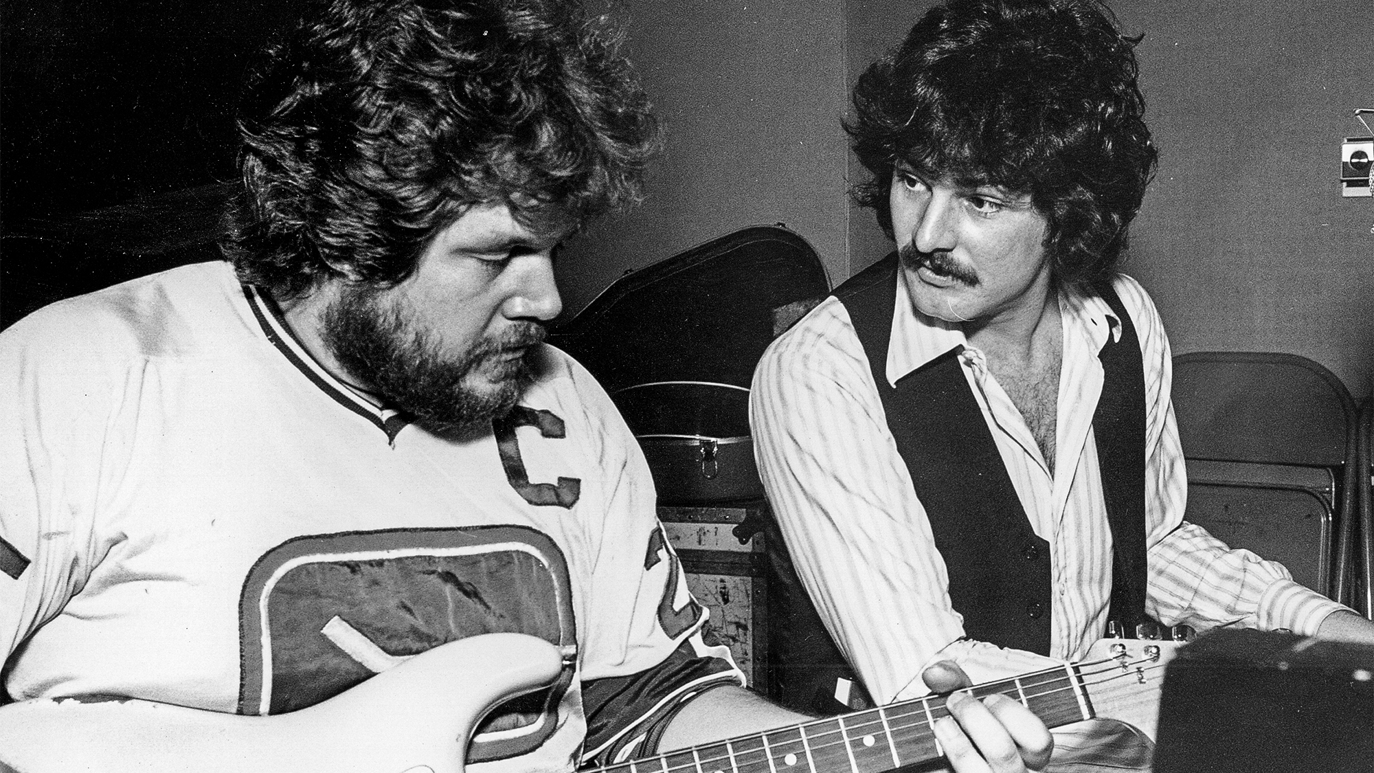 Randy Bachman (left) and Burton Cummings of the rock band &amp;quot;The Guess Who&amp;quot; reunite musically to record Cummings' new album for the first time in seven years in 1977.