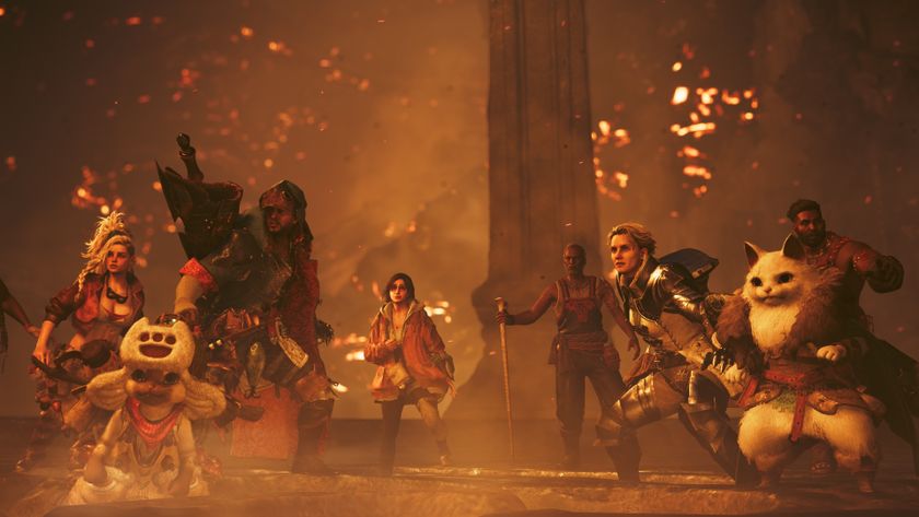 The Hunter and allies look on at a fiery scene in Monster Hunter Wilds