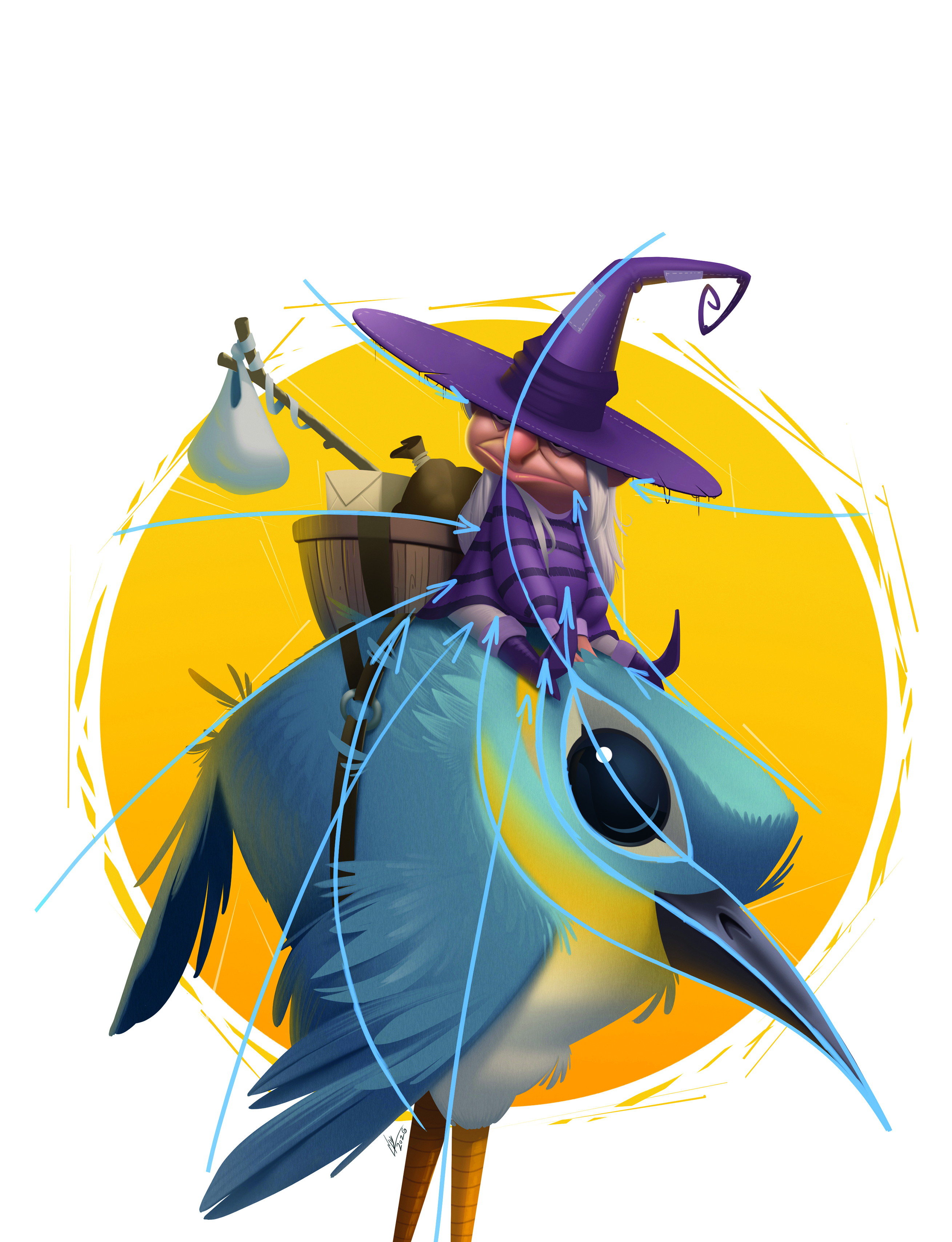 Digital character art showing a witch riding a bird