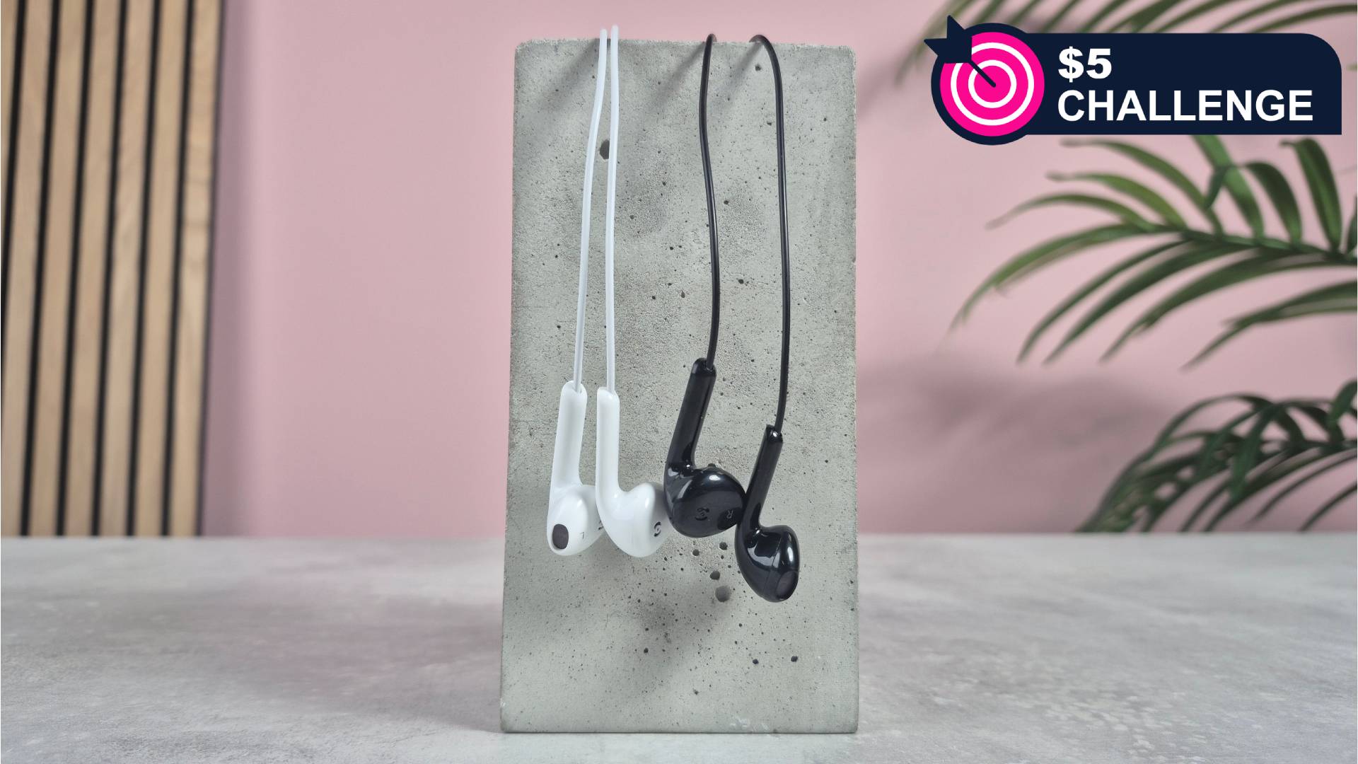 ZJXD wired earbuds on block with words '$5 challenge' positioned in the top right of the image