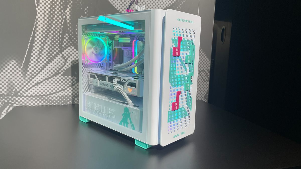 A showroom featuring many peripherals and bits of hardware from the Asus x Hatsune Miku collaboration.