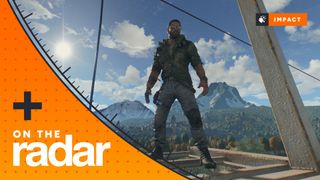 Dying Light: The Beast screenshot of Kyle Crane standing atop an electrical tower with a GamesRadar On The Radar overlay