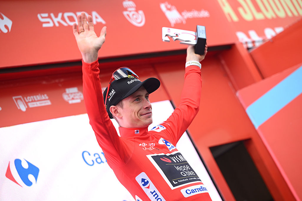 GUIJUELO, SPAIN - SEPTEMBER 12: Jonas Vingegaard of Denmark and Team Visma | Lease a Bike - Red Leader Jersey celebrates at podium winner during the La Vuelta - 80th Tour of Spain 2025, Stage 19 a 161.9km stage from Rueda to Guijuelo / #UCIWT / on September 12, 2025 in Guijuelo, Spain. (Photo by Dario Belingheri/Getty Images)