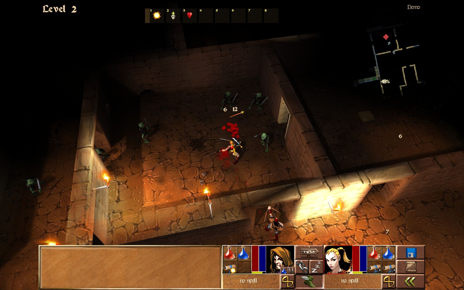 An amazon and an assassin fight through a dungeon full of goblins