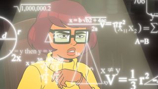 Velma (voiced by Mindy Kaling) is thinking, and images of numbers float over her face, in HBO Max's Velma episode 2