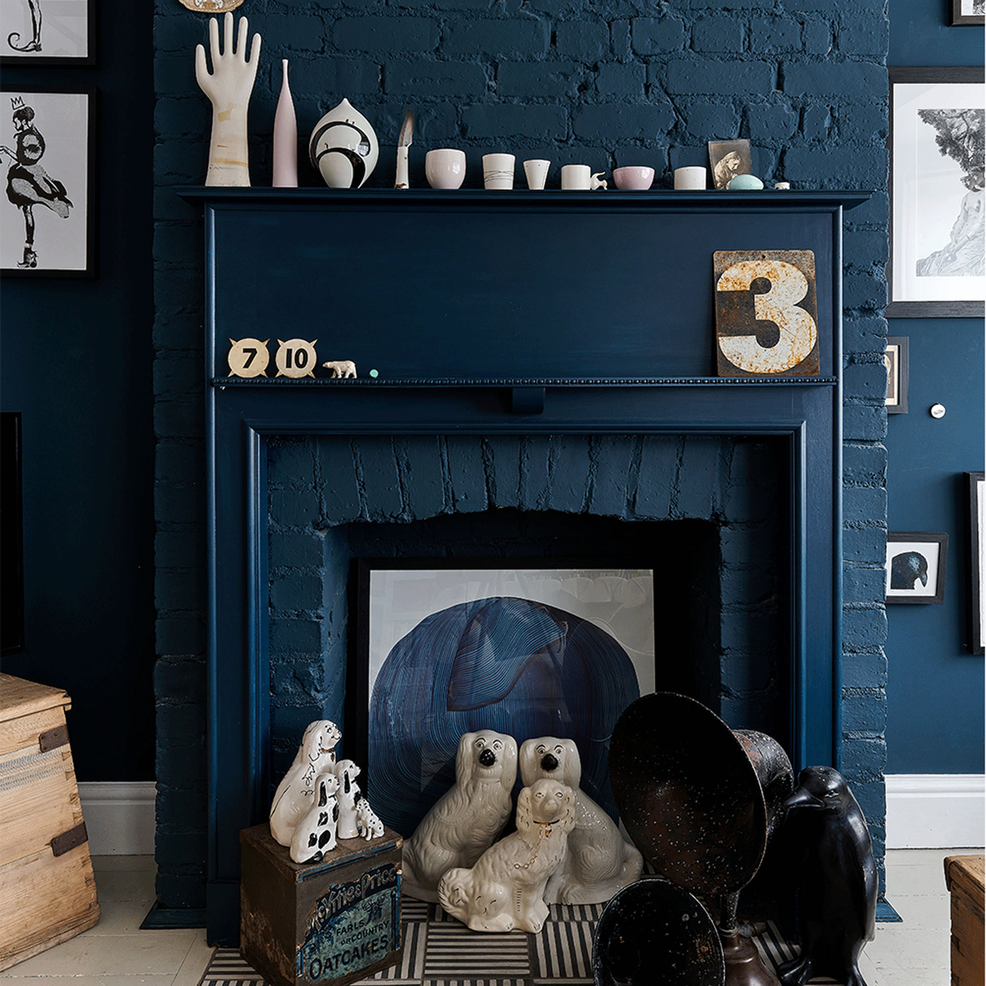 Navy blue living room with fireplace