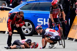 PONTIVY FRANCE JUNE 28 Caleb Ewan of Australia and Team Lotto Soudal involved in a crash at arrival Jasper De Buyst of Belgium and Team Lotto Soudal during the 108th Tour de France 2021 Stage 3 a 1829km stage from Lorient to Pontivy LeTour TDF2021 on June 28 2021 in Pontivy France Photo by Christophe Ena PoolGetty Images