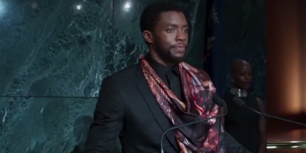 T&#039;Challa (Chadwick Boseman) at the United Nations giving a speech in Black Panther