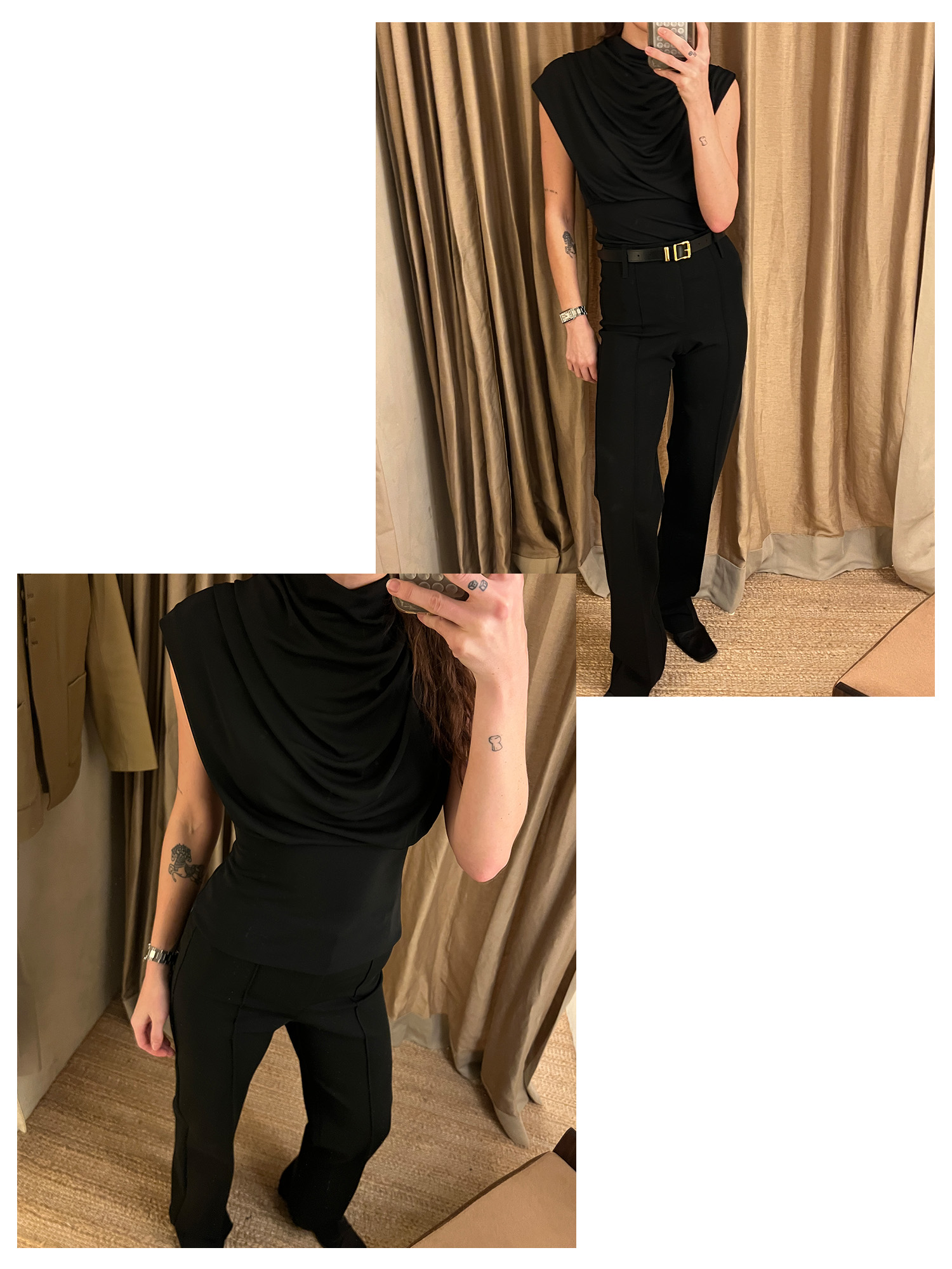 Two photos of Eliza Huber trying on a draped black top and pants from Kallmeyer's Upper East Side store's dressing room.