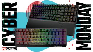 Two RGB gaming keyboards on a blue and red Cyber Monday background