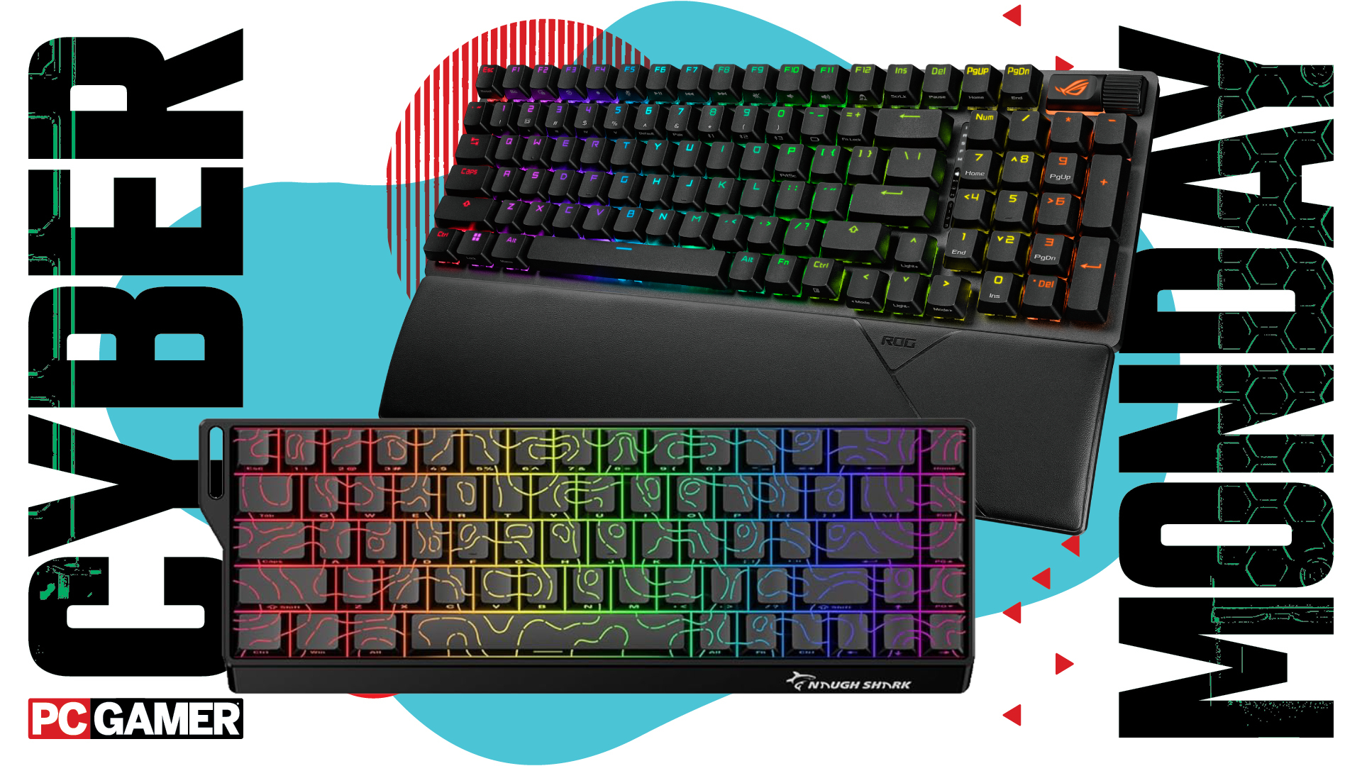 Two RGB gaming keyboards on a blue and red Cyber Monday background