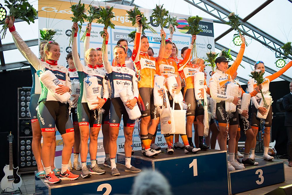 Second placed Cerv&eacute;lo-Bigla Cycling Team (L), winners Boels-Dolmans Cycling Team (M) and third placed Rabo-Liv Cycling Team (R) celebrate their places after the 42,5 km team time trial of the UCI Women's World Tour's 2016 Crescent V&aring;rg&aring;rda