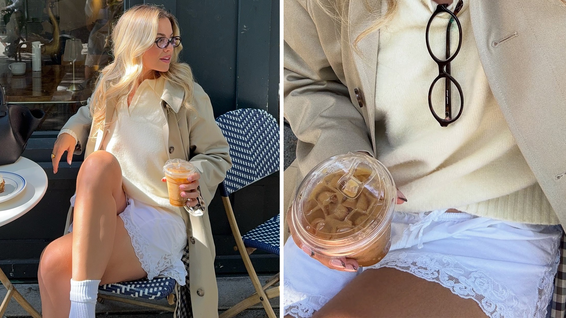 style influencer Izzy Dilger poses at an outdoor cafe in Vancouver wearing black oval optical eyeglasses, a trench coat, yellow collared sweater, white lace-trim shorts, and white ankle socks
