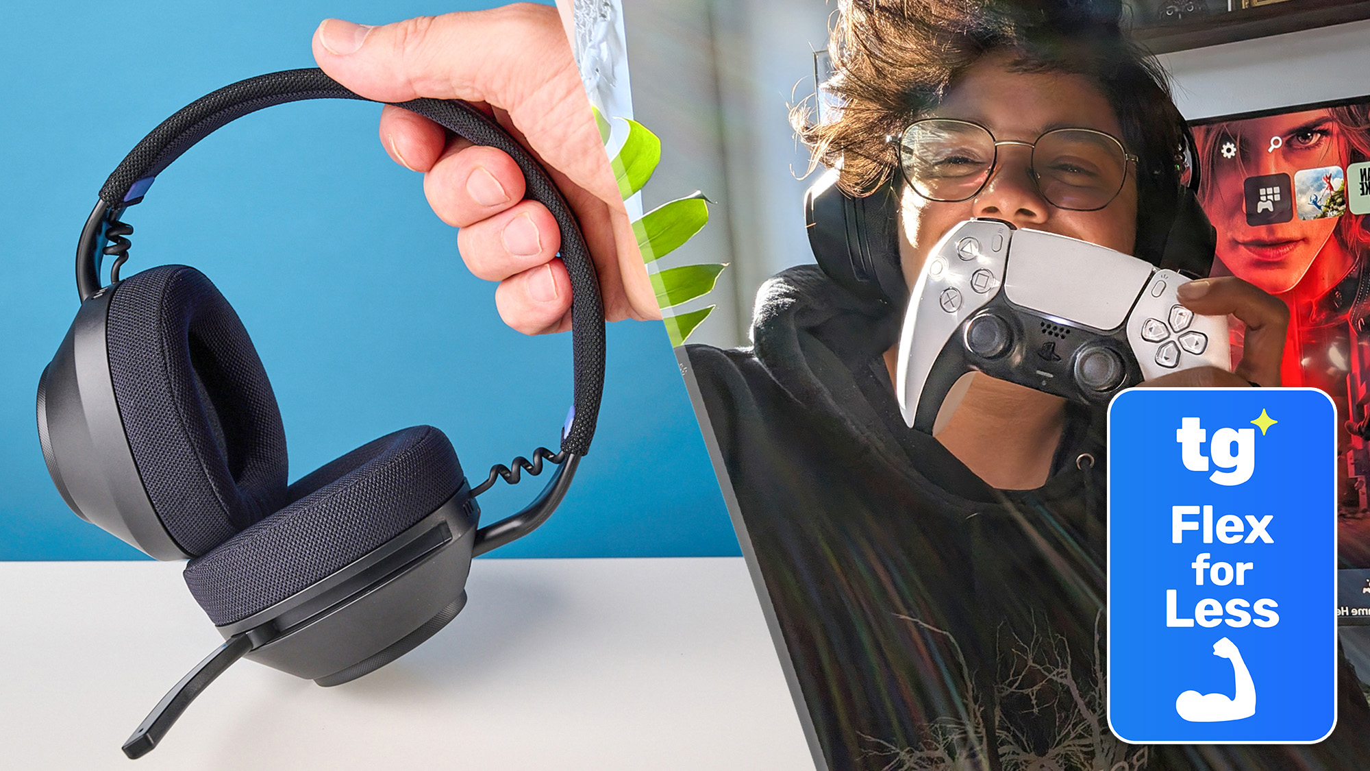 PowerA LucidSound LS500 headset and a person holding a PS5 DualSense controller