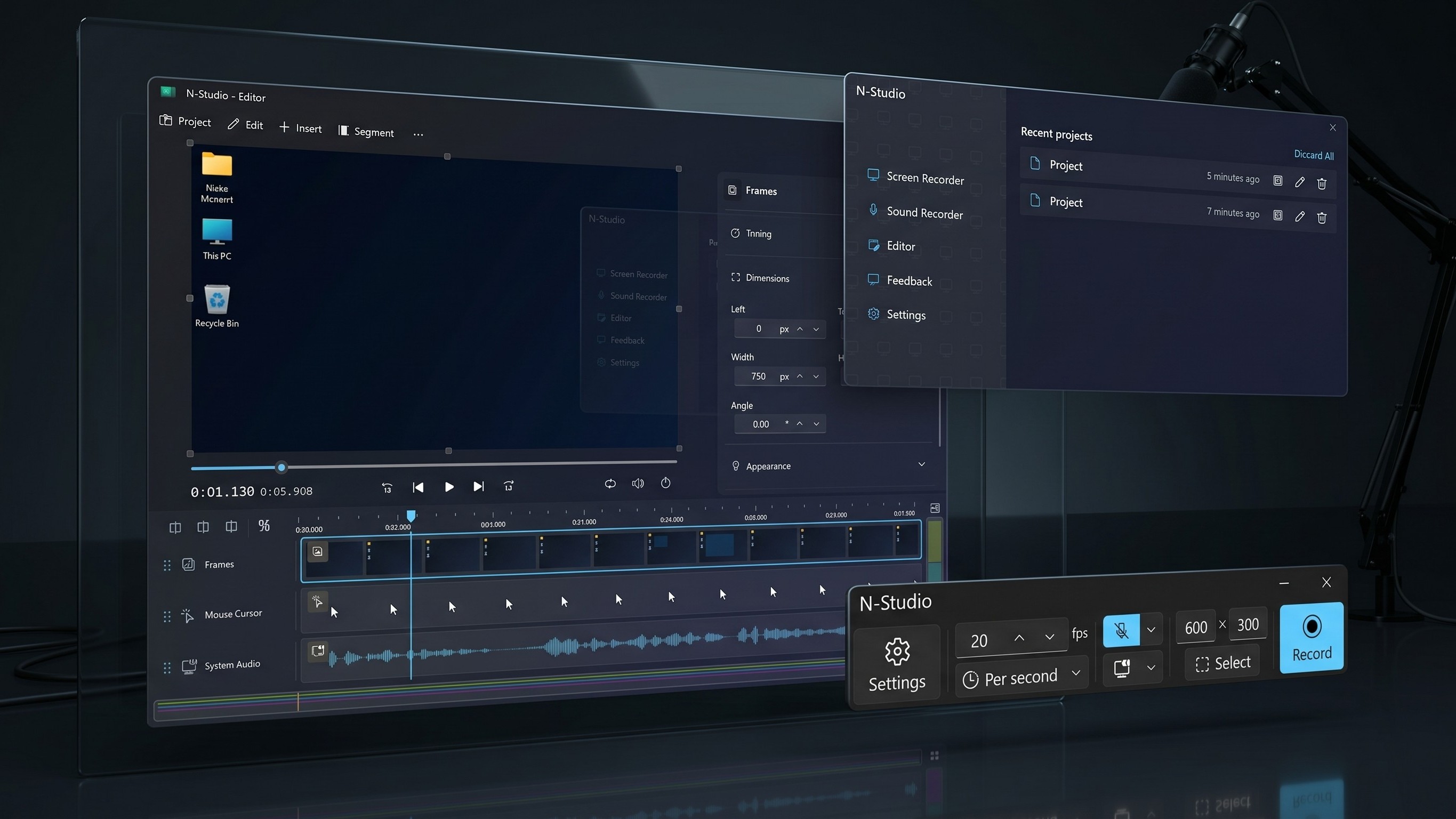 Futuristic workspace with digital screens displaying video editing software and a control panel. Cool blue lighting creates a sleek, high-tech atmosphere.