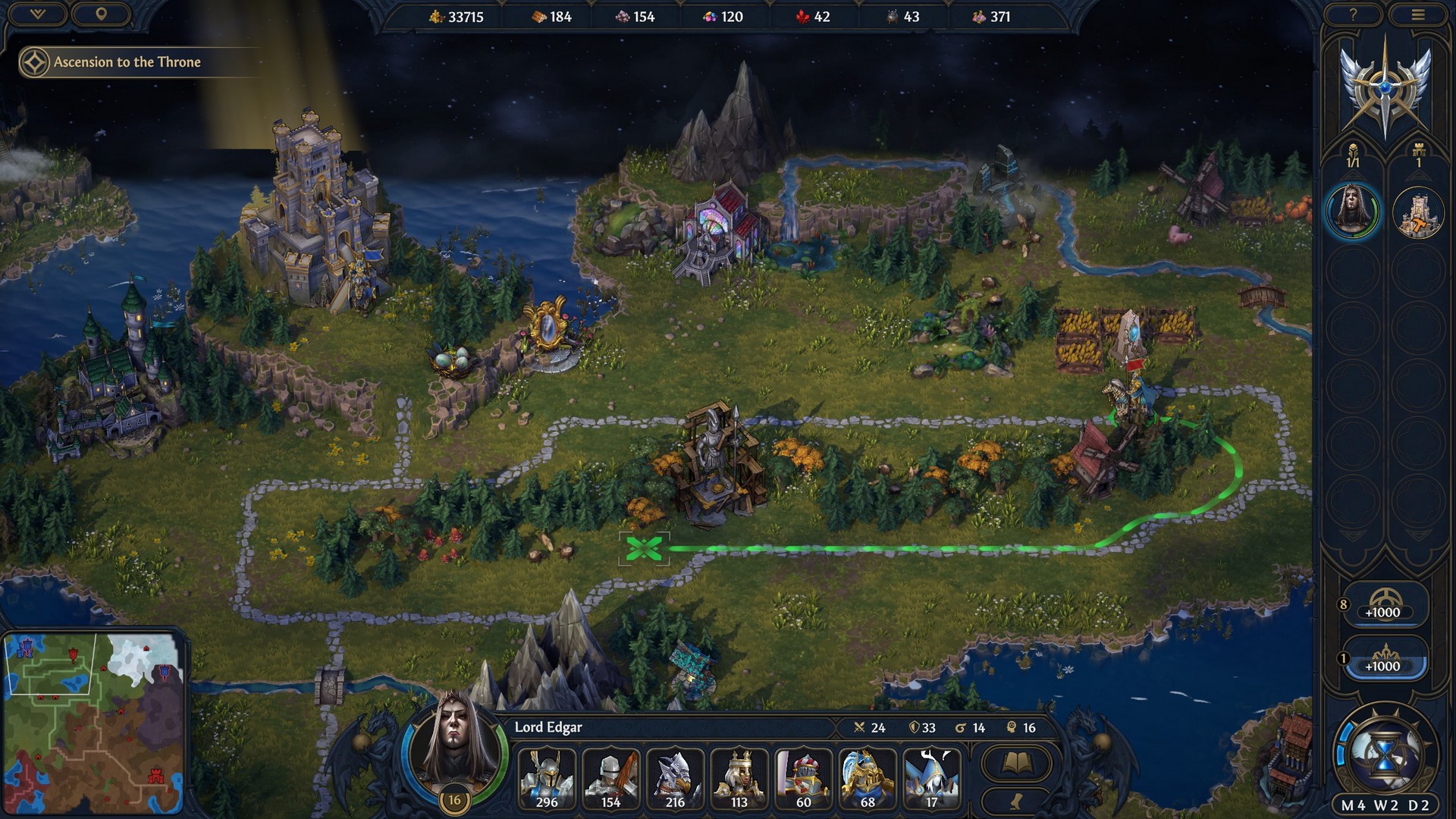 Planning a route across greenery near a Temple castle in Heroes of Might and Magic: Olden Era