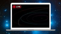 Orbital paths are shown on a laptop screen that floats against a deep space background of blue-white stars.