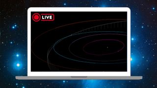 Orbital paths are shown on a laptop screen that floats against a deep space background of blue-white stars.