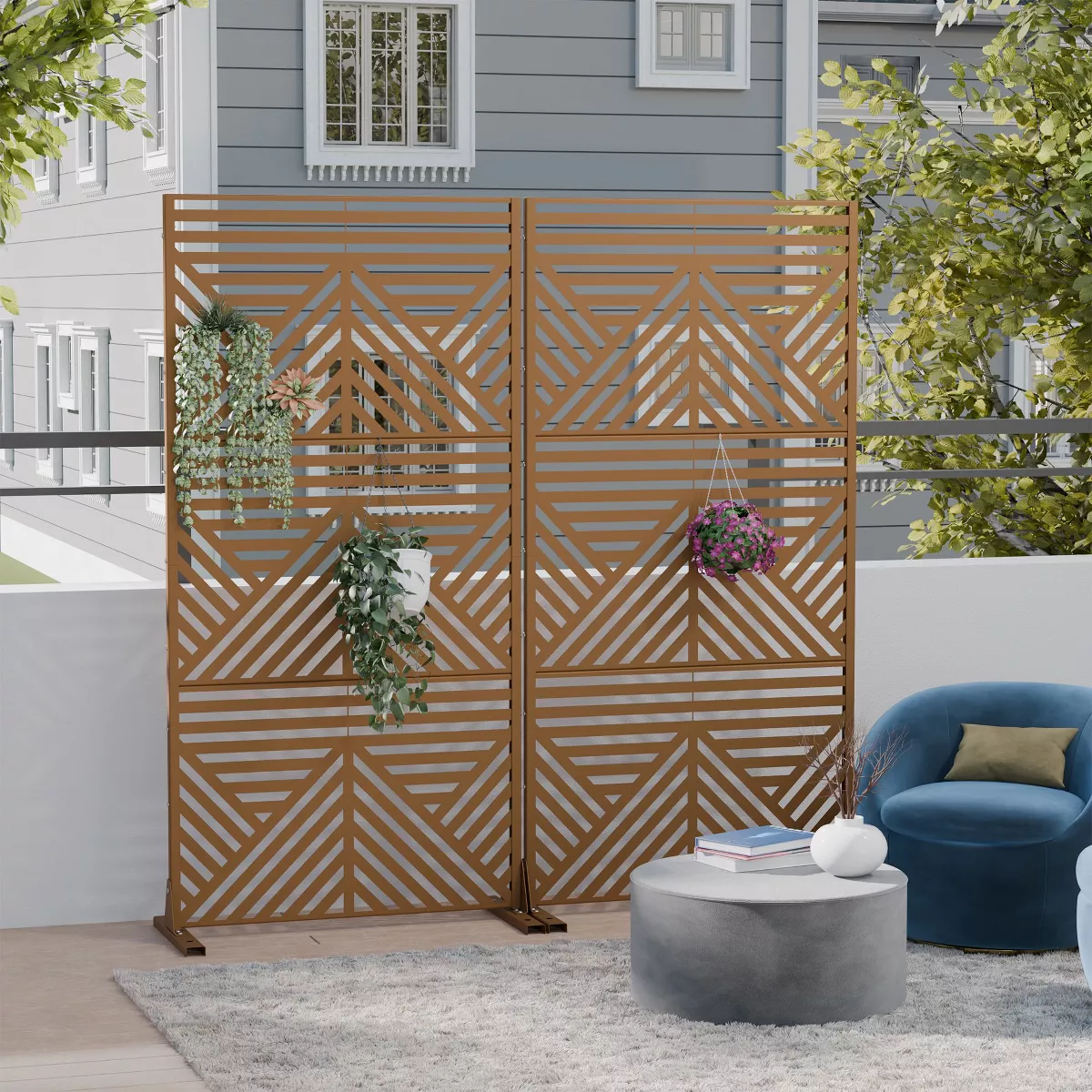 Metal Privacy Screen Outdoor, 35"x72" Freestanding Modular Privacy Fence Panel, Decorative Divider With Geometric Cutout, for Balcony Poolside Garden