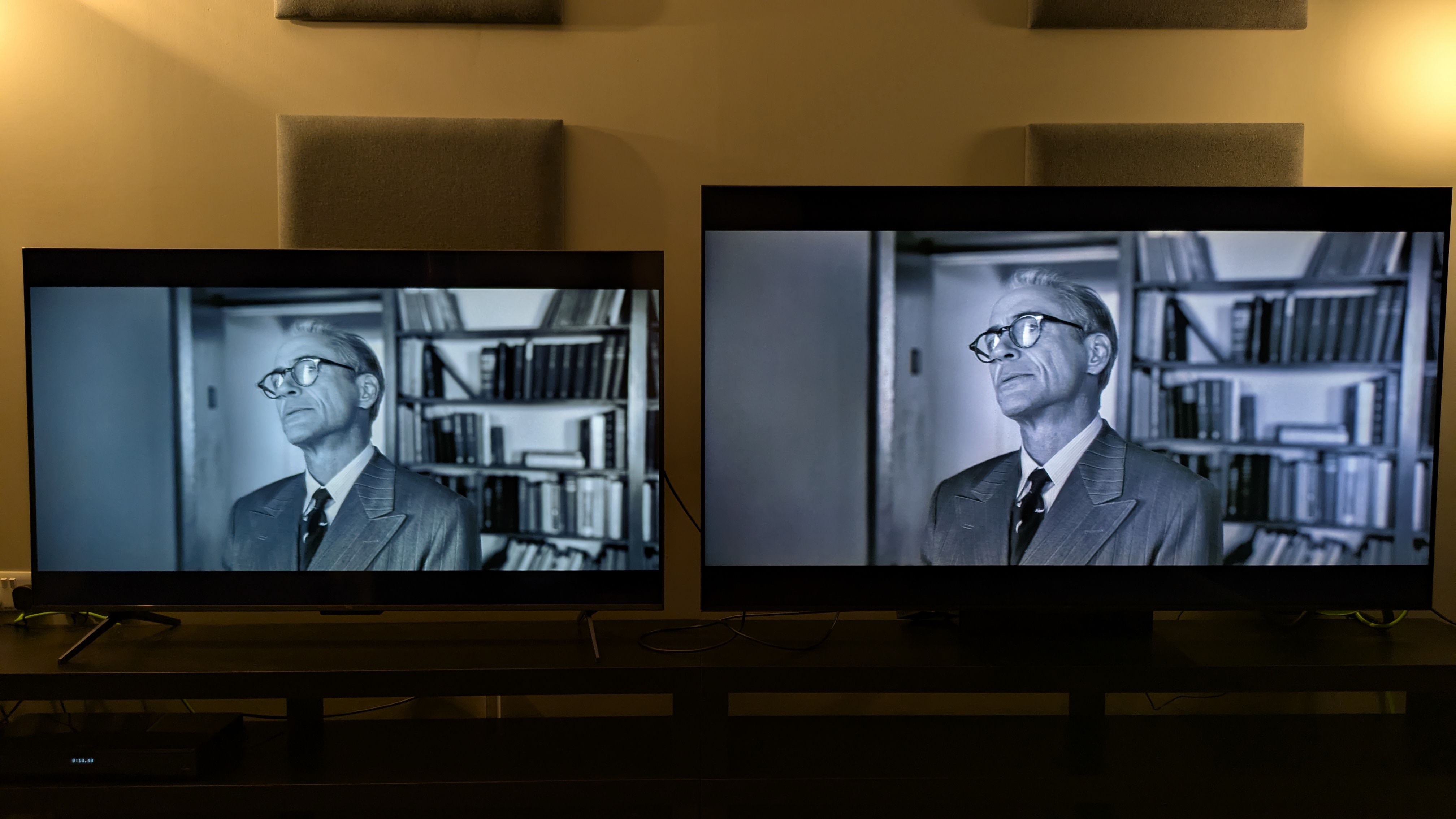 TCL C6K (left) and TCL C7K (right) showing Admiral Strauss from Oppenheimer on screen