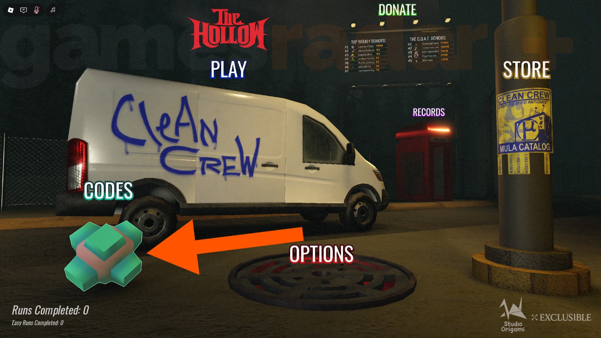 An orange arrow points to the codes menu button on the Clean Crew main menu.