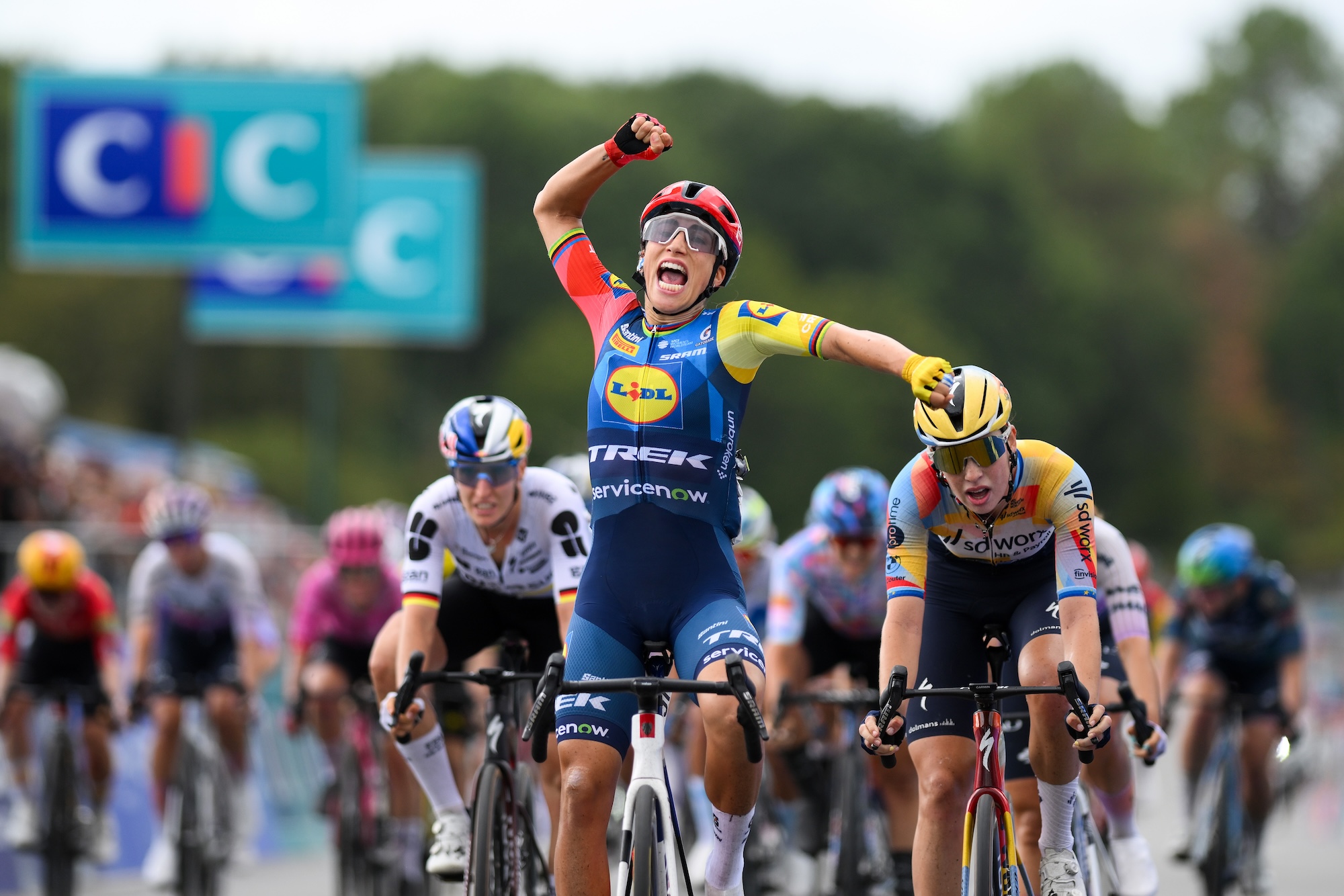 PLOUAY, FRANCE - AUGUST 29: (L-R) Elisa Balsamo of Italy and Team Lidl - Trek celebrates at finish line as race winner ahead of Mischa Bredewold of Netherlands and Team SD Worx - Protime during the 25th Classic Lorient Agglomeration Ceratizit - Women Elite 2026 a 172.6km one day race from Plouay to Plouay / #UCIWWT / on August 29, 2026 in Plouay, France. (Photo by Alex Broadway/Getty Images)