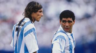 Claudio Caniggia and Diego Maradona in action for Argentina at the 1994 World Cup.