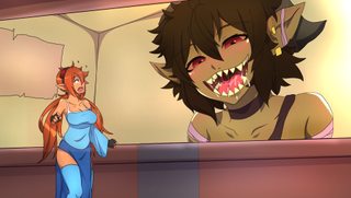 Screenshot from Jessica Dimensal, showing a lady in a blue dress visibly shocked by a giant succubus monster smiling down at her.