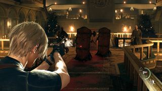 Resident Evil 4 review; a game character shoots a gun