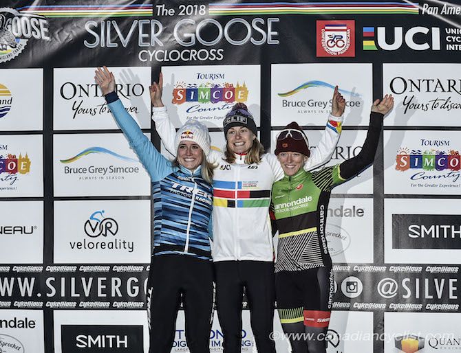 The elite women&rsquo;s podium at the 2018 Pan-American Cyclo-Cross Championships: Ellen Noble, winner Maghalie Rochette, Kaitlin Keough