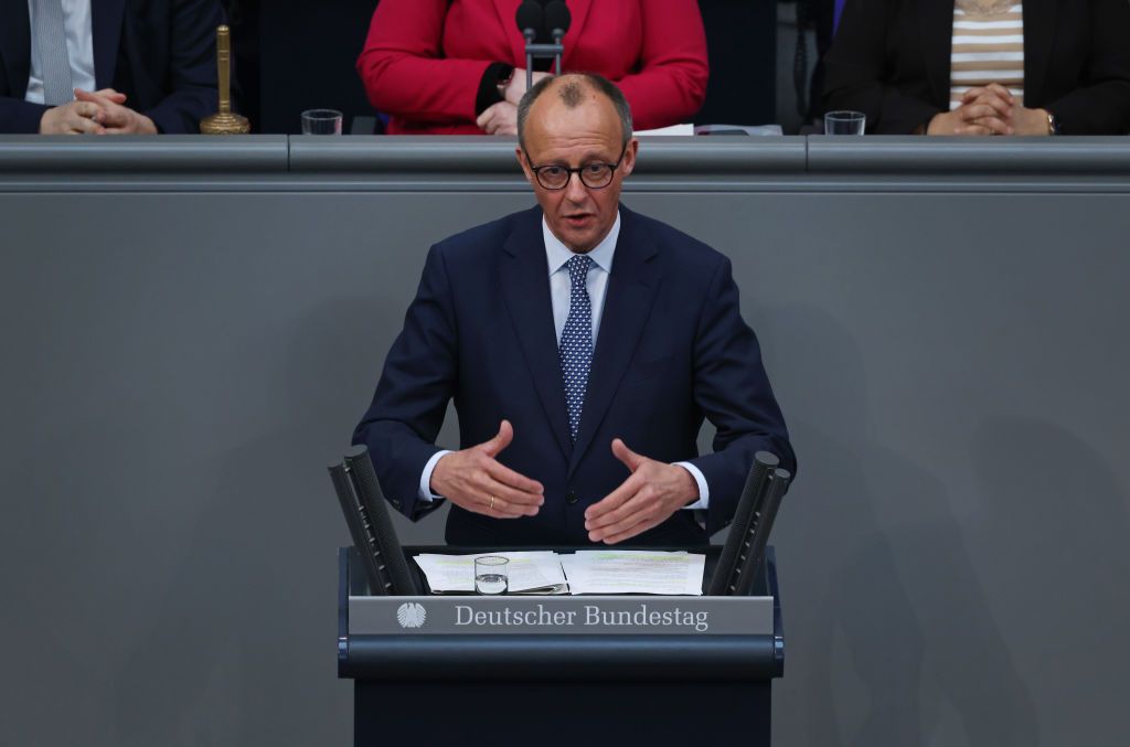 Friedrich Merz speaks during debates at the Bundestag over a bill to amend Germany&#039;s Basic Law 