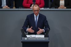 Friedrich Merz speaks during debates at the Bundestag over a bill to amend Germany's Basic Law 