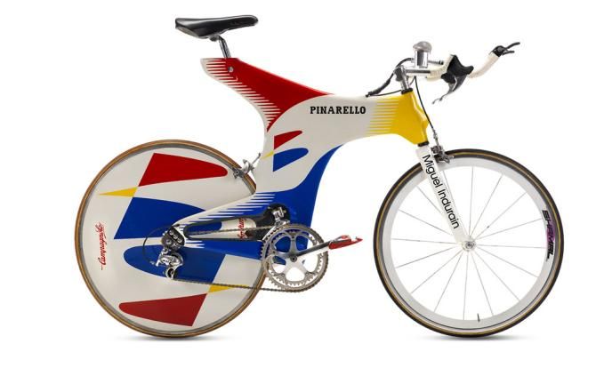 Miguel Indurain's full-aero time trial rig from 1995, the year of his final Tour de France victory and the year he won the time trial world championship in Colombia