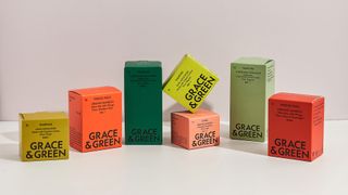 Grace & Green packaging for tampons and sanitary towels in greens and red packaging