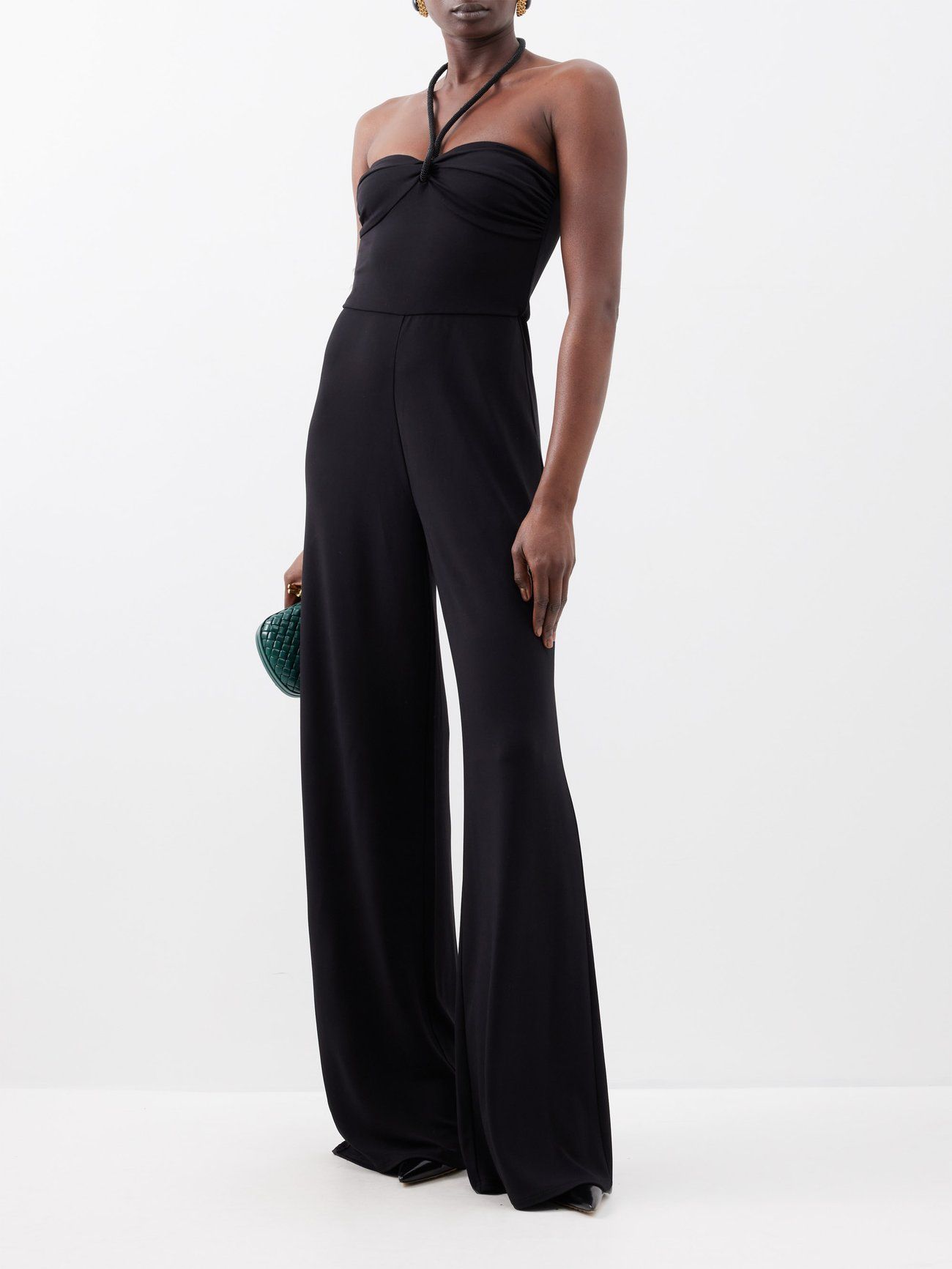 Beaded Halterneck Crepe Wide-Leg Jumpsuit