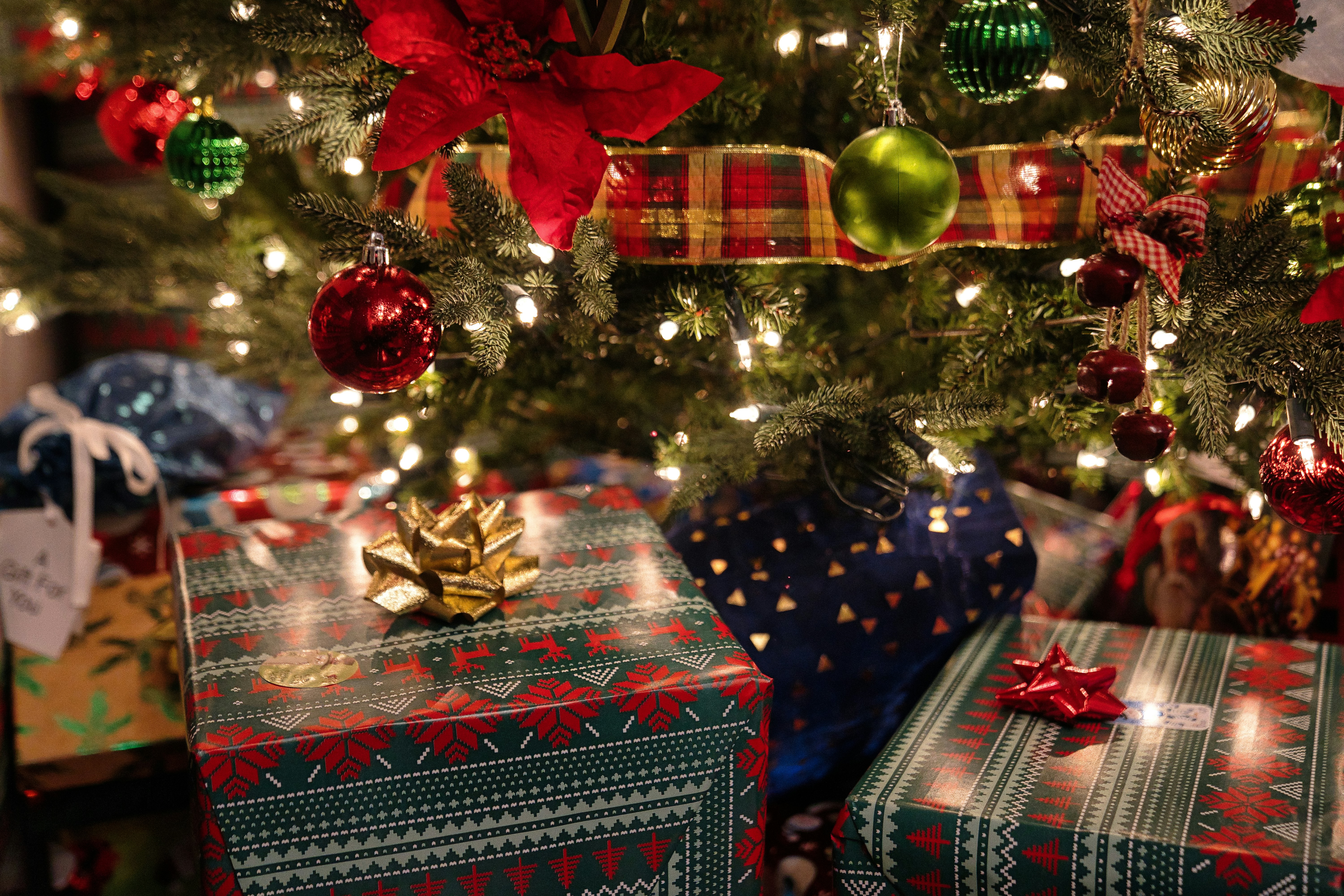 A vibrant close-up of wrapped Christmas presents underneath a decorated Christmas tree adorned with red and green ornaments, a large red poinsettia, and a plaid ribbon.