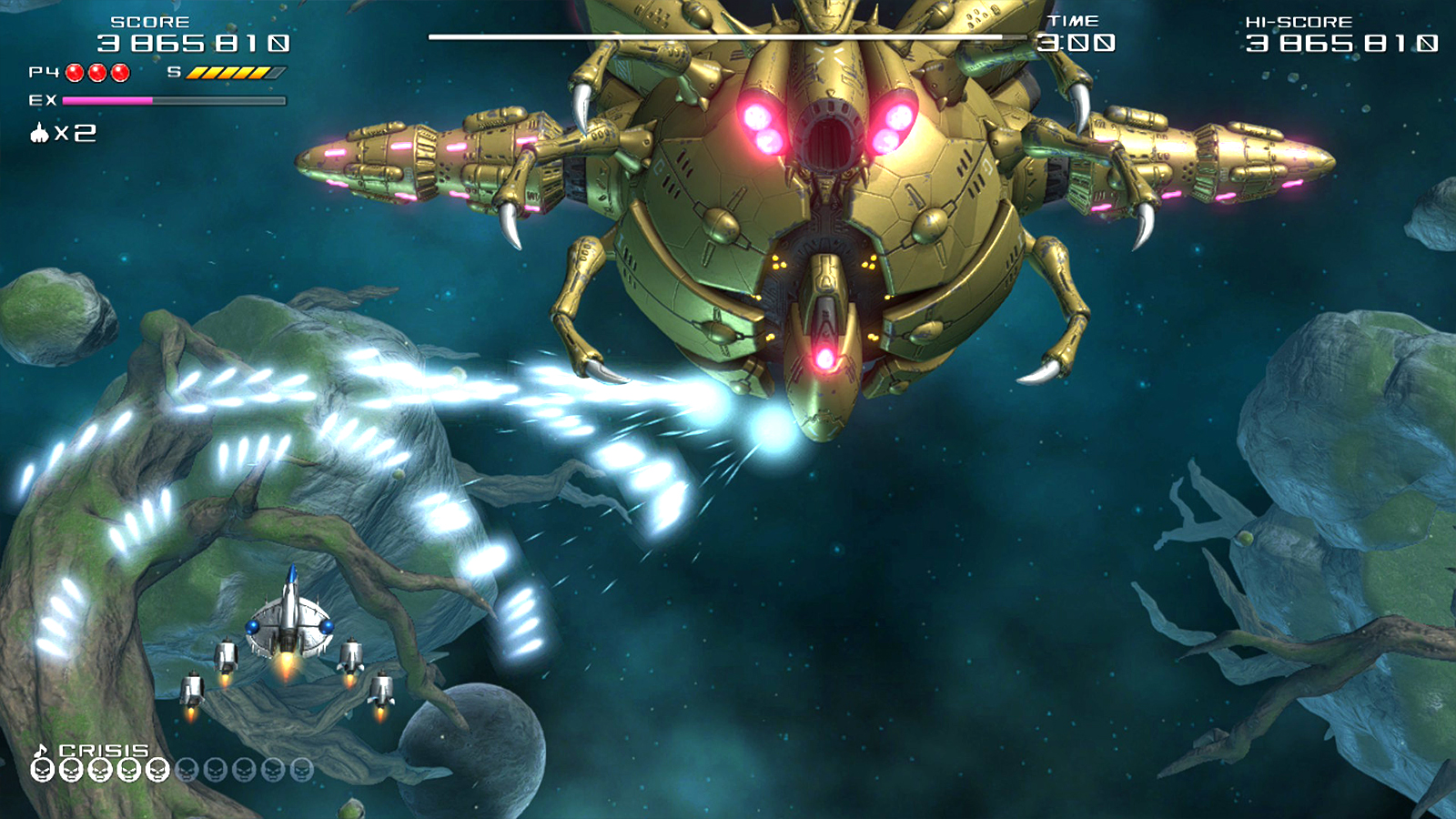 Screens from a retro arcade shooting game