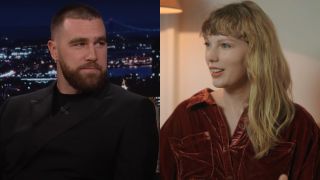 From left to right: a screenshot of Travis Kelce on The Tonight Show and a screenshot of Taylor Swift talking during the Long Pond Studio Sessions.