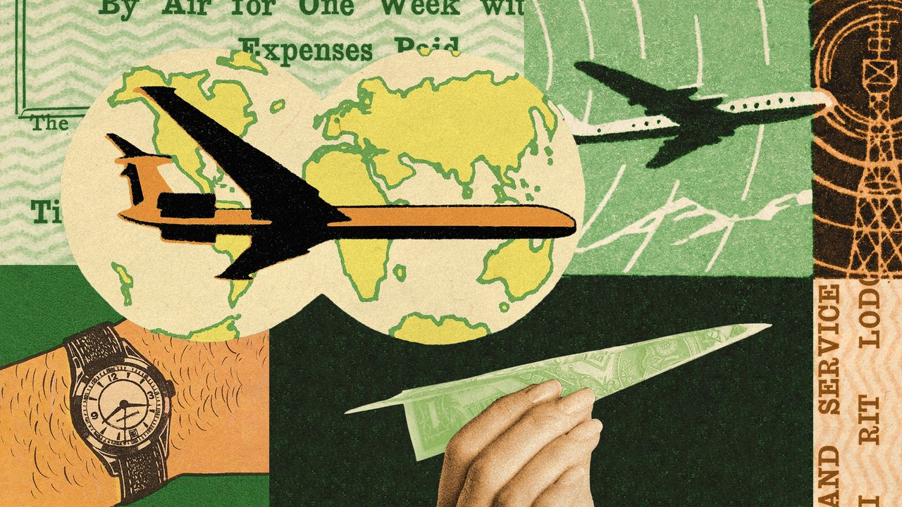 Illustrative collage of vintage style planes, a watch, and a paper plane made out of a dollar bill