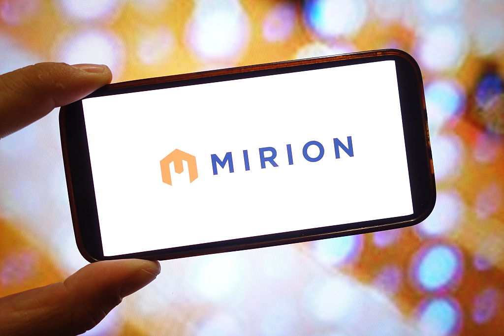 Mirion Technologies company logo is displayed on a smartphone screen.