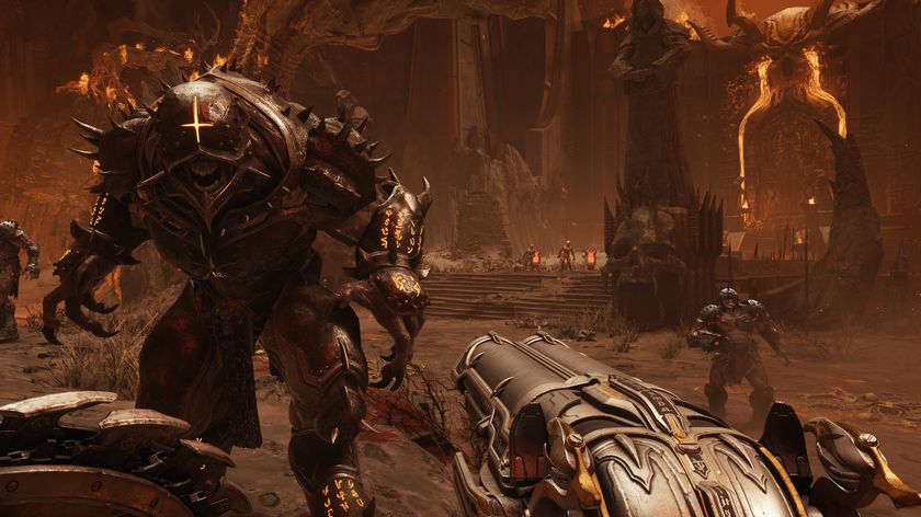 Doomslayer pointing a large gun at a larger demon