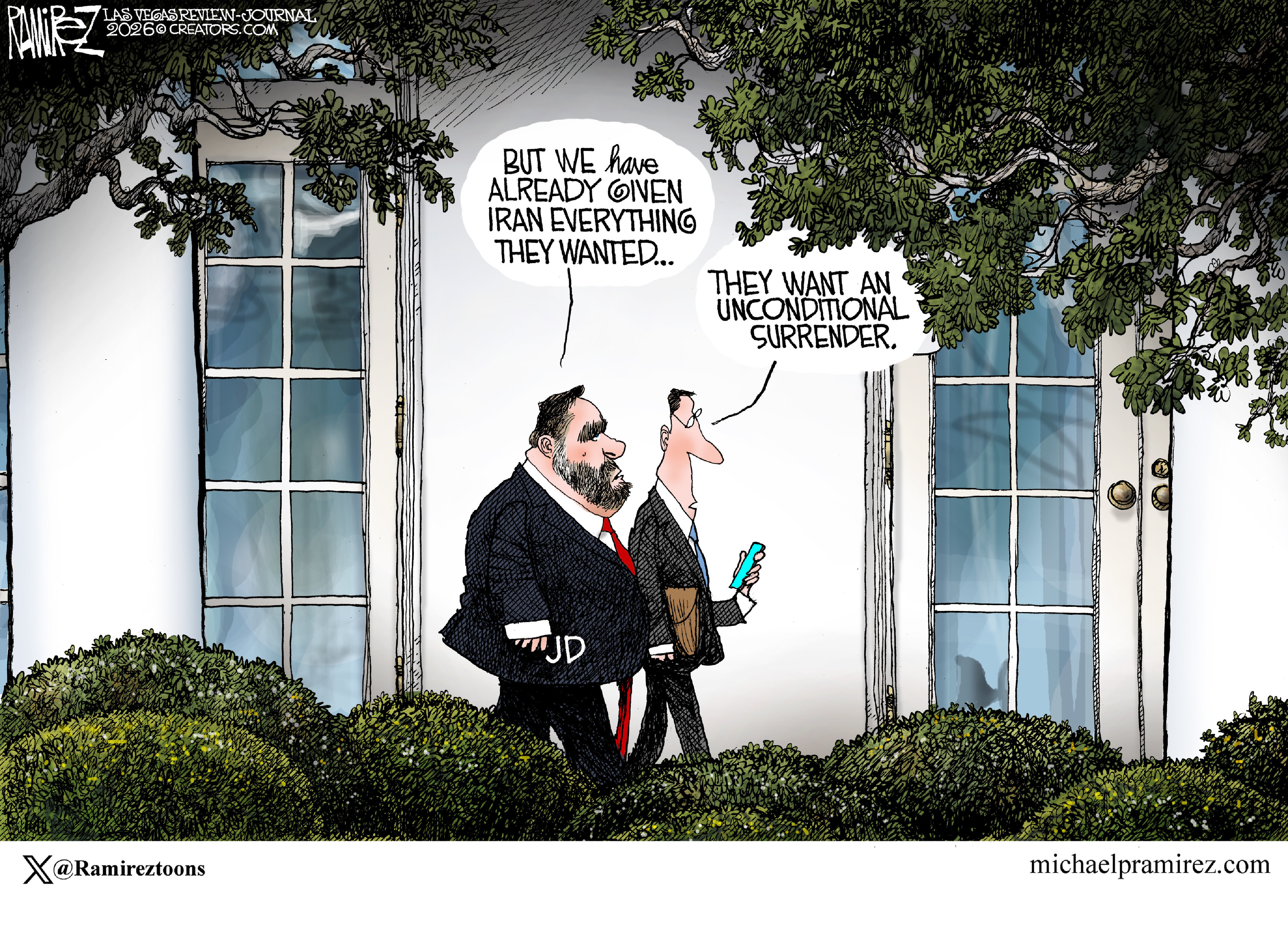 JD Vance walks with an aide outside the White House. Vance says, &amp;ldquo;But we have already given Iran everything they wanted&amp;hellip;&amp;rdquo; The aide responds, &amp;ldquo;They want an unconditional surrender.&amp;rdquo;
