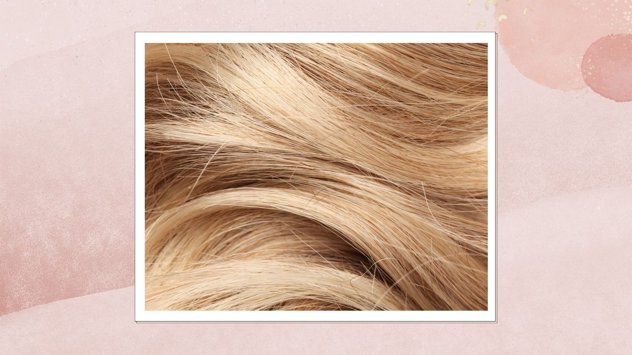 A close up of warm blonde hair with subtle highlights to represent &#039;camoulage&#039; / in a pink watercolour paint-style template 