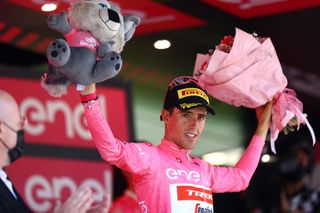 REGGIO EMILIA ITALY MAY 18 Juan Pedro Lpez of Spain and Team Trek Segafredo Pink Leader Jersey celebrates at podium during the 105th Giro dItalia 2022 Stage 11 a 203km stage from Santarcangelo di Romagna to Reggio Emilia Giro WorldTour on May 18 2022 in Reggio Emilia Italy Photo by Michael SteeleGetty Images